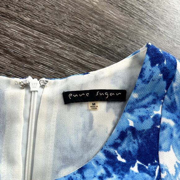 Pure Sugar Blue Floral Fit & Flare Dress Sz Medium Short Sleeve Lined A-Line GUC - Picture 2 of 14